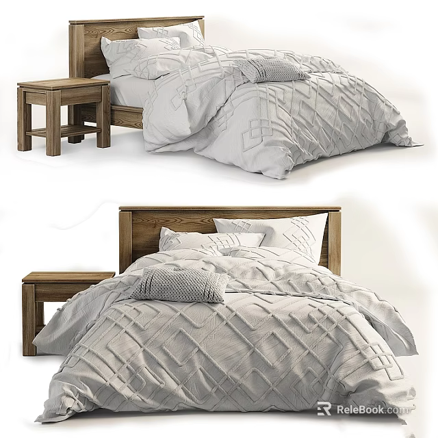 Cozy Bedroom Interior With Wooden Headboard Gray Quilt And Nightstand 3d model 