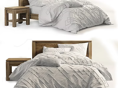 Cozy Bedroom Interior With Wooden Headboard Gray Quilt And Nightstand 3d model