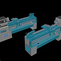 Two Blue Heavy Duty Industrial Lathe Machines With Bed And Control Panel