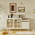 White Sideboard With Glass Doors Adorned By Vases Books Candles Floor Lamp And Wall Art