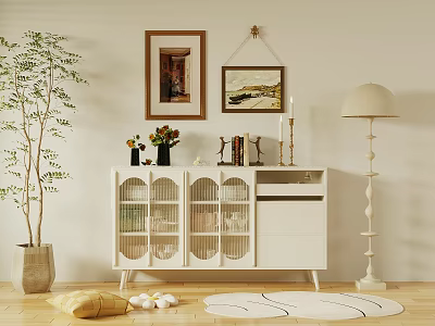 White Sideboard With Glass Doors Adorned By Vases Books Candles Floor Lamp And Wall Art 3d model