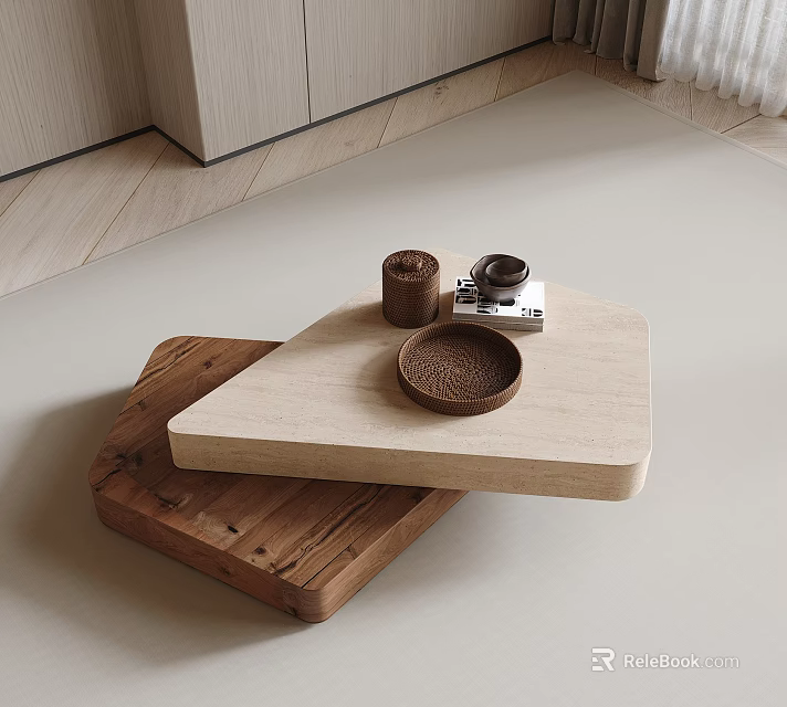 Light Wood Coffee Table With Dark Wood Base Featuring Decorative Plate And Small Tray 3d model 