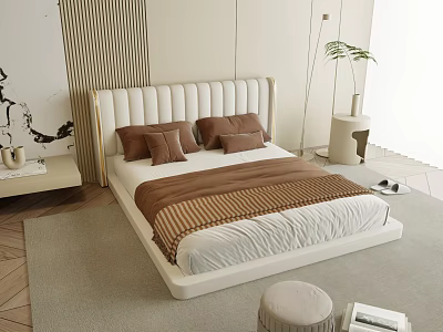 Modern Double Bed With White Upholstered Headboard Brown Pillows And Striped Bedspread 3d model
