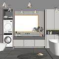 Modern Bathroom Interior Design With Washing Machine Dryer Large Mirror Bathtub And Grey Cabinets