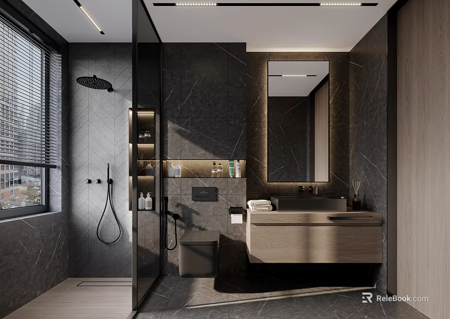 Modern Dark Bathroom Interior With Shower Vanity Shelves And Mirror 3d model