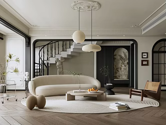 French Living Room Nanyang Living Room Fabric Multi-person Sofa Casual Single Chair Solid Wood Coffee Table Side Table Chandelier 3d model