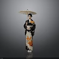 Elegant Woman In Traditional Japanese Kimono With Bamboo Umbrella And Gray Backdrop
