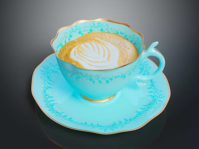 Light Blue Teacup and Saucer with Gold Floral Patterns Holding Latte with Swirl Art 3d model