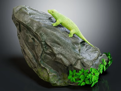 Green Lizard Perched On A Rocky Surface With Fresh Green Leaves 3d model