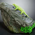 Green Lizard Perched On A Rocky Surface With Fresh Green Leaves