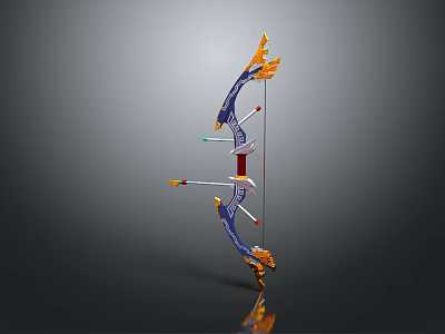 Ornate Decorative Bow With Gold Blue Accents And Flame Shaped Ends 3d model