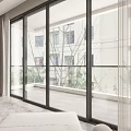 Modern Home Balcony Interior With Large Glass Doors Outdoor Tree View Indoor Rug And Potted Plant