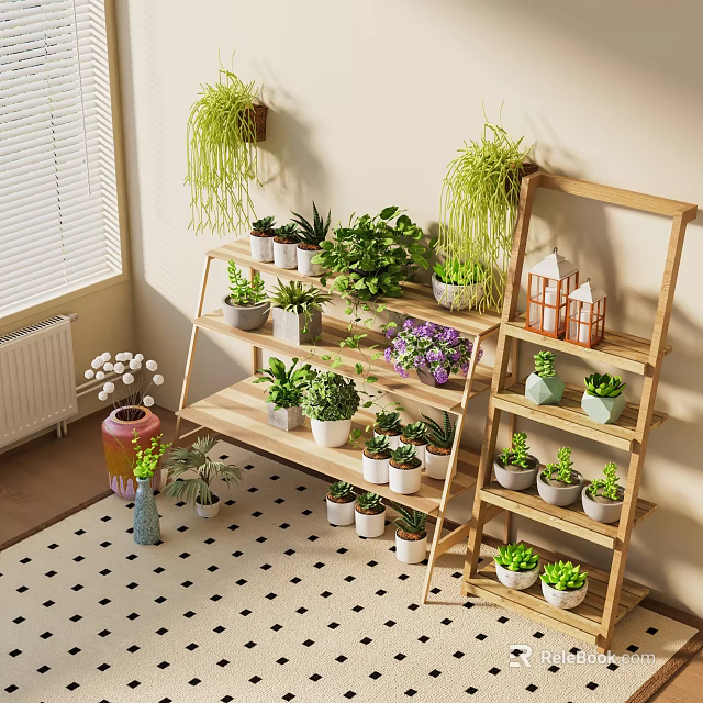 Bonsai Potted Plants Arranged On Wooden Ladder Shelves In Indoor Decorative Setting With Various Greenery And Small Pots 3d model 