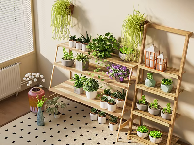 Bonsai Potted Plants Arranged On Wooden Ladder Shelves In Indoor Decorative Setting With Various Greenery And Small Pots 3d model
