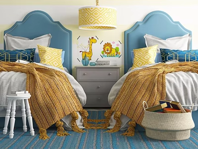 Kids' Beds With Blue Headboards Yellow Pillows Giraffe Wall Decals And Blue Striped Rug 3d model