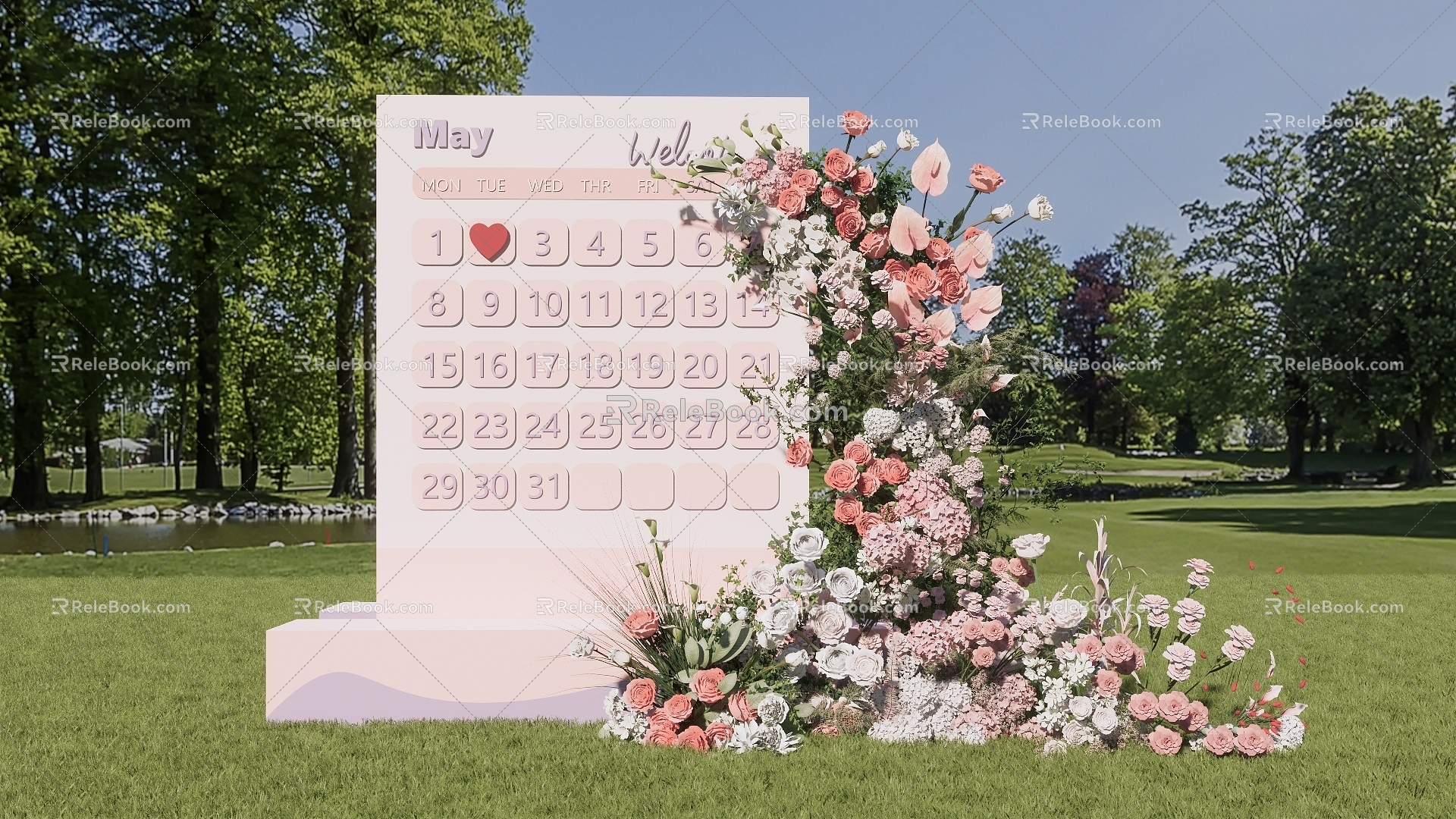 Outdoor lawn wedding calendar floral art beautiful wedding floral art arch welcome area photo area sign-in area display area wedding floral art 3d model