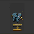 Blue Mechanical Robot Floating On Base With FIREFLY Label And Yellow Glowing Particles