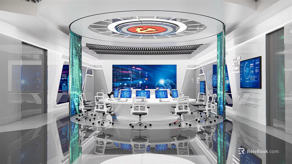 Modern Control Room Circular Layout With Multiple Monitors Control Desks And Ceiling Logo 3d model 