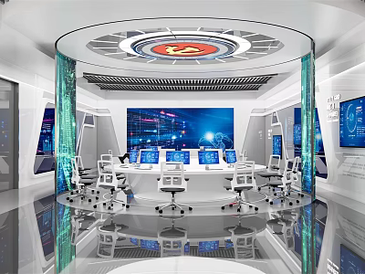 Modern Control Room Circular Layout With Multiple Monitors Control Desks And Ceiling Logo 3d model