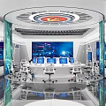 Modern Control Room Circular Layout With Multiple Monitors Control Desks And Ceiling Logo 3d model