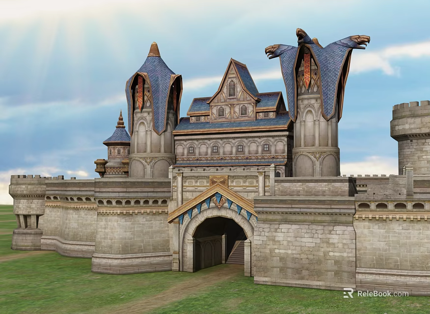 Cartoon Fantasy Castle With Blue Spires Stone Walls And Green Lawn Under Sunlight 3d model 