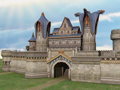 Cartoon Fantasy Castle With Blue Spires Stone Walls And Green Lawn Under Sunlight 3d model