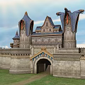 Cartoon Fantasy Castle With Blue Spires Stone Walls And Green Lawn Under Sunlight