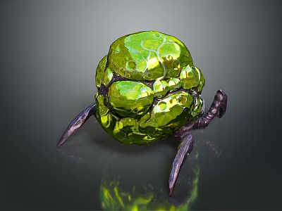 Green Spherical Object With Gemstone Texture And Purple Legs 3d model
