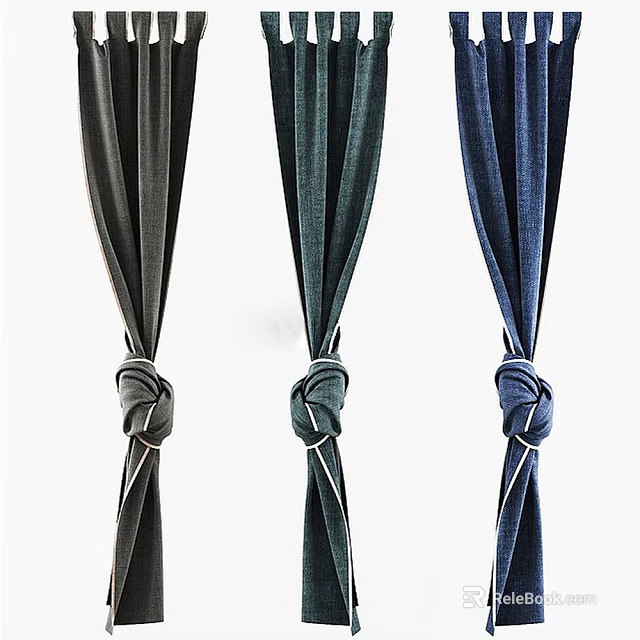Stylish Three Colored Curtains With Decorative Knots For Home Interior Windows 3d model 