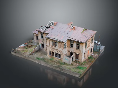 Detailed Miniature Old Building Model With Weathered Walls And Broken Roof 3d model