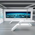 Modern Spacious Corridor With Gray Walls Long Ceiling Lights Blue Screens And Glass Railings