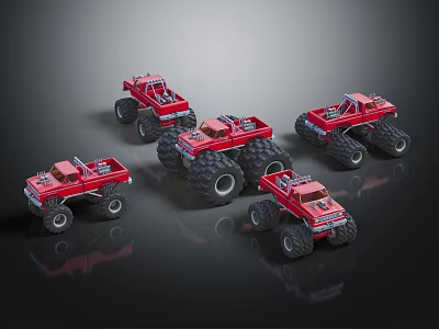 Red Toy Monster Trucks With Large Wheels On Reflective Surface 3d model