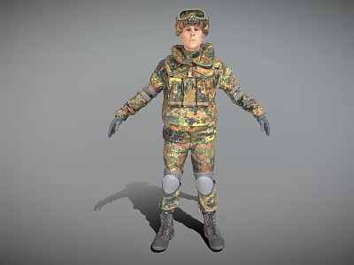 Man In Camouflage Military Uniform With Knee Pads Protective Boots And Goggles 3d model
