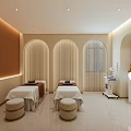 Modern Minimalist SPA Room Interior With Arched Design Warm Toned Walls And Massage Beds