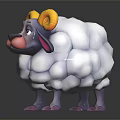 Cartoon Sheep Character With Yellow Horns White Wool And Purple Legs