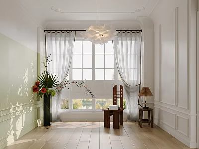 Modern Bedroom Interior Featuring Large Window White Curtains Pendant Light Wooden Chair And Green Plant 3d model