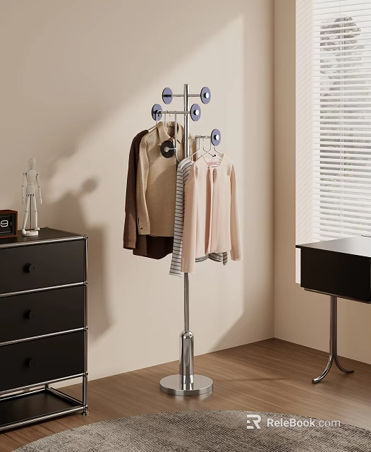 Modern Metal Coat Rack With Hanging Clothes And Multiple Hooks In Bedroom Interior 3d model 