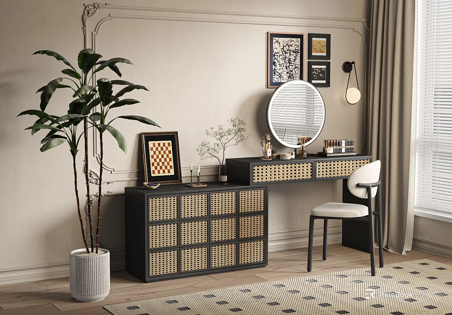 Black Rattan Lattice Vanity Table With Mirror Makeup Items Chair Plant Framed Art And Rug 3d model 