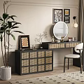 Black Rattan Lattice Vanity Table With Mirror Makeup Items Chair Plant Framed Art And Rug