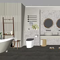 Modern Bathroom Interior With Double Sinks Round Mirrors Bathtub Plants Wooden Elements And Dark Flooring