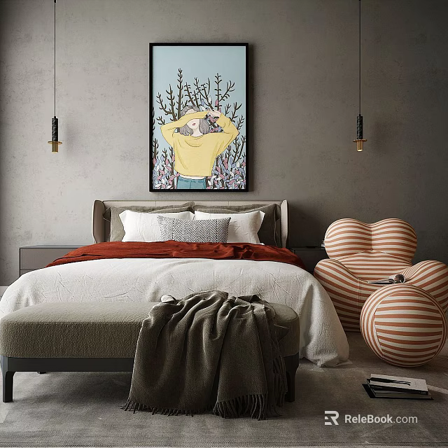 Modern Double Bedroom Interior With Soft Pillows Artistic Painting And Striped Chair 3d model 