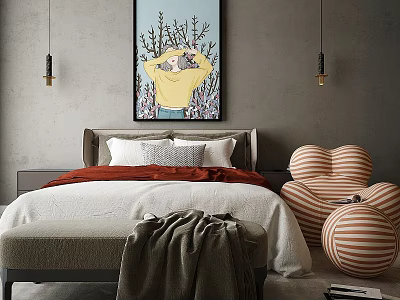 Modern Double Bedroom Interior With Soft Pillows Artistic Painting And Striped Chair 3d model