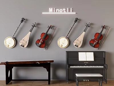 Minotli Wall Display Of Hanging Lutes Violins Banjos Piano And Sheet Music 3d model