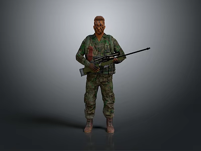 Man in Camouflage Uniform Holding Rifle Standing Against Gray Background 3d model