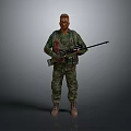 Man in Camouflage Uniform Holding Rifle Standing Against Gray Background