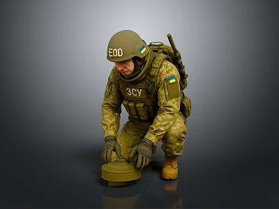 EOD Soldier In Military Uniform Kneeling To Defuse Explosive Device With Tactical Gear 3d model