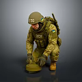EOD Soldier In Military Uniform Kneeling To Defuse Explosive Device With Tactical Gear