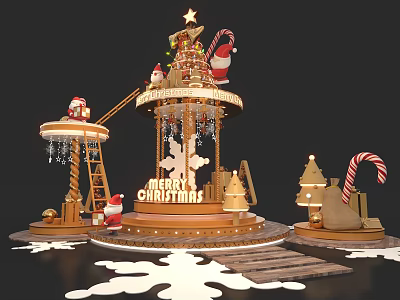 Festive Merry Christmas Gingerbread Carousel Photo Spot With Santa Decor And Candy Cane Accents 3d model