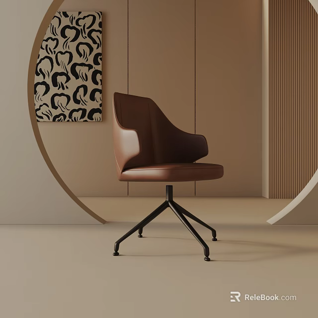 Modern Minimalist Brown Leather Dining Chair With Black Metal Legs And Beige Wall Decorative Painting 3d model 