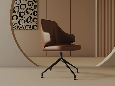 Modern Minimalist Brown Leather Dining Chair With Black Metal Legs And Beige Wall Decorative Painting 3d model